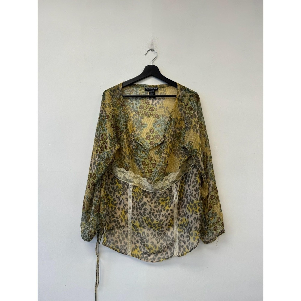 VTG Nicolette Tunic Top Womens 1X Multicolor Animal Print Sheer Lace Blouse Boho